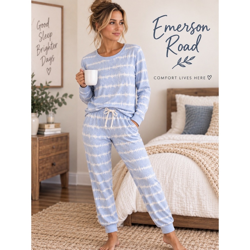 Emerson Road Womens Blue White Ikat Stripe Pajama Set Long Sleeve Joggers M